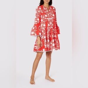 Juliet Dunn Red White Cotton Palladio Print Flared Sleeve Dress S